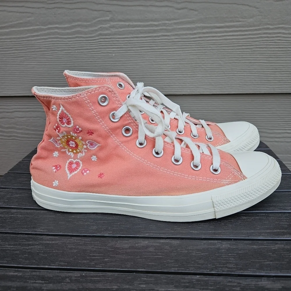Converse Hi Top Shoes Heart & Floral Embroidery Bright Madder Pink A02203C 9.5 - Picture 4 of 15